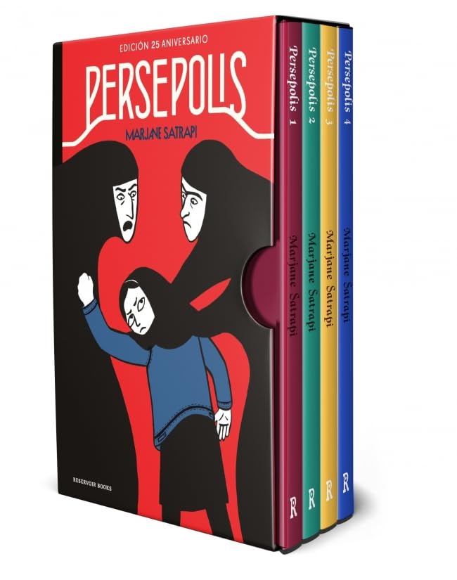 Persépolis de Marjane Satrapi. Es un estuche rojo con dos mujeres integralistas con ropa y velo cubriendo las formas de su cuerpo están tomando de los brazos a la autora de niña que lleva una chaqueta vaquera. Dentro se ven los cuatro tomos en los que han dividido la obra.