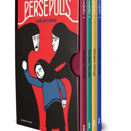 Persépolis de Marjane Satrapi. Es un estuche rojo con dos mujeres integralistas con ropa y velo cubriendo las formas de su cuerpo están tomando de los brazos a la autora de niña que lleva una chaqueta vaquera. Dentro se ven los cuatro tomos en los que han dividido la obra.
